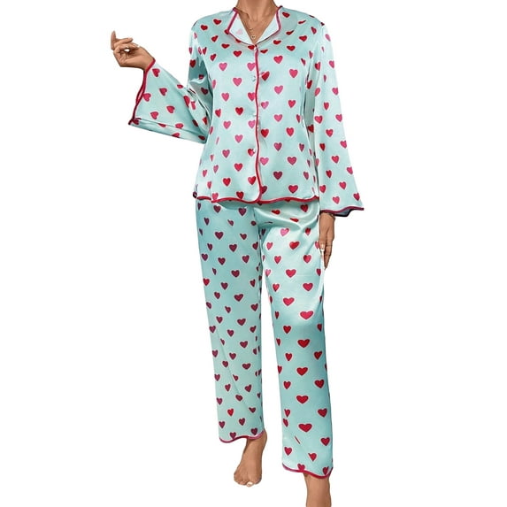 Women Valentine's Day Pajamas Set Long Sleeve Love Printed Satin PJ Sets Button-Down Pajama Sleepwear Loungewear
