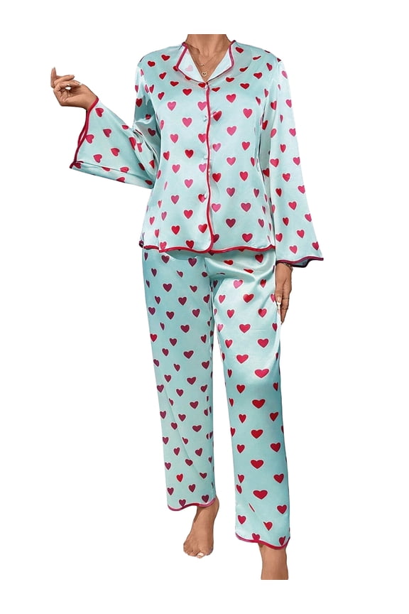 Women Valentine's Day Pajamas Set Long Sleeve Love Printed Satin PJ Sets Button-Down Pajama Sleepwear Loungewear