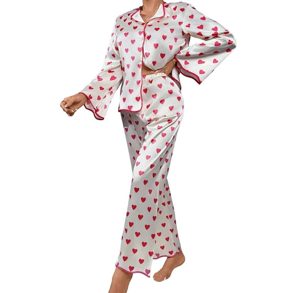 Women Valentine's Day Pajamas Set Long Sleeve Love Printed Satin PJ Sets Button-Down Pajama Sleepwear Loungewear