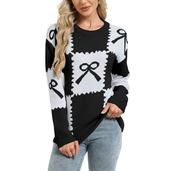 Women Valentine's Day Sweater Crewneck Bow Tie Checkered Printed Lightweight Fall Winter Long Sleeve Cable knitted Pullover Sweaters Alsol Lamesa