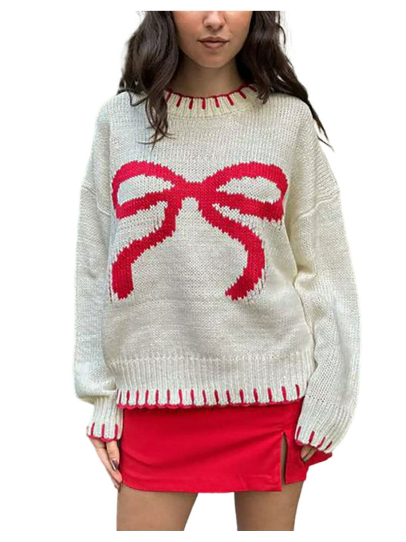 Women Valentine's Day Sweater Crewneck Bow Tie Printed Lightweight