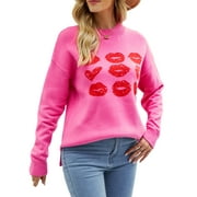 ROAONOCOMO Women Valentine's Day Sweater Heart Lips Print Round Neck Knit Tops