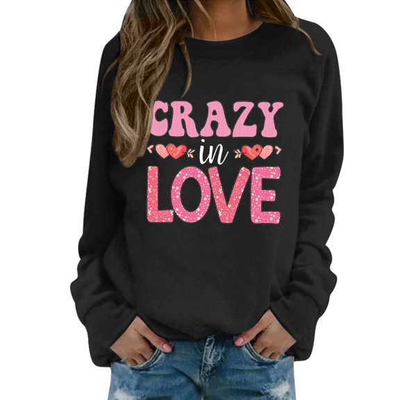 Women Valentine's Sweatshirt Love Heart Print Shirts Casual Print Fashion Long Sleeve Crew Neck Lightweight Pullover Tops