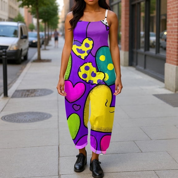 Women Valentines Baggy Overall Spring Summer Cute Heart Print Wide Leg Overalls 2026 Fashion Valentine Rompers with Adjustable Straps