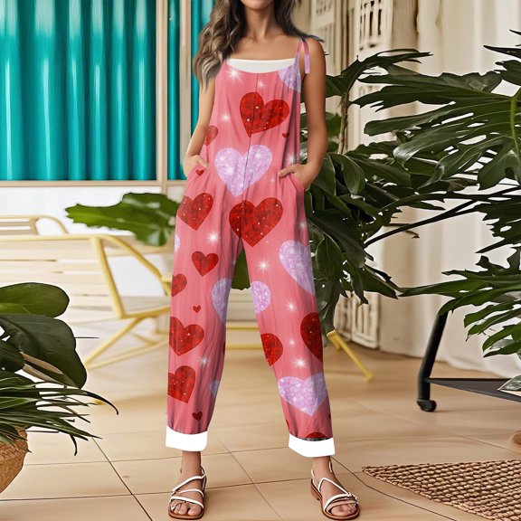Women Valentines Baggy Overall Wide Leg Sleeveless Casual Heart Graphic Rompers 2026 Fashion Valentine Overalls with Adjustable Straps