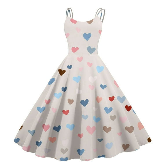 Women Valentines Day A Line Dress with Adjustable Spaghetti Straps Vintage Inspired Fit and Flare Beige M