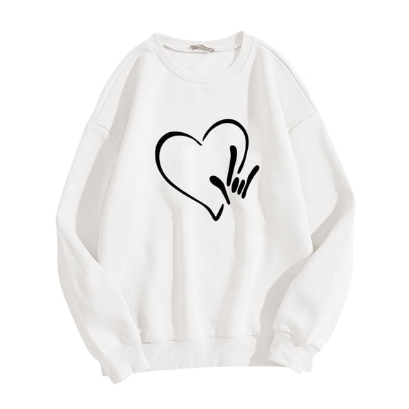 Women Valentines Day Couple Love Print Jogging Shirt Round Neck Long Sleeve Hooded Sweatshirt Pullover