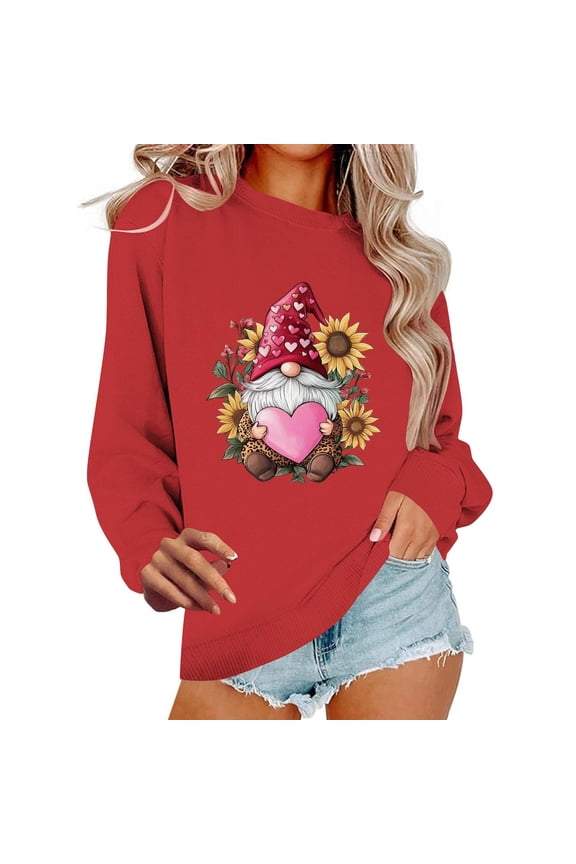 Women Valentines Day Gnome Sweatshirt Sunflower Graphic Pullover Long Sleeve Crew Neck Tops Heart Print Casual Holiday Shirts