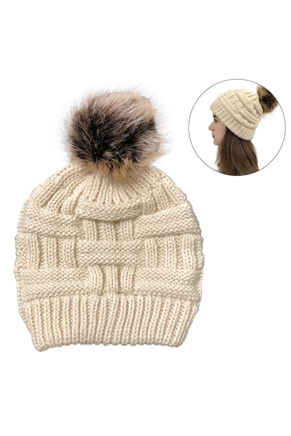 Women Valentines Day Hat Warm Knitted Wool Thick Cap with Ponytail Hole Button Beanie Blends for Masks Holder