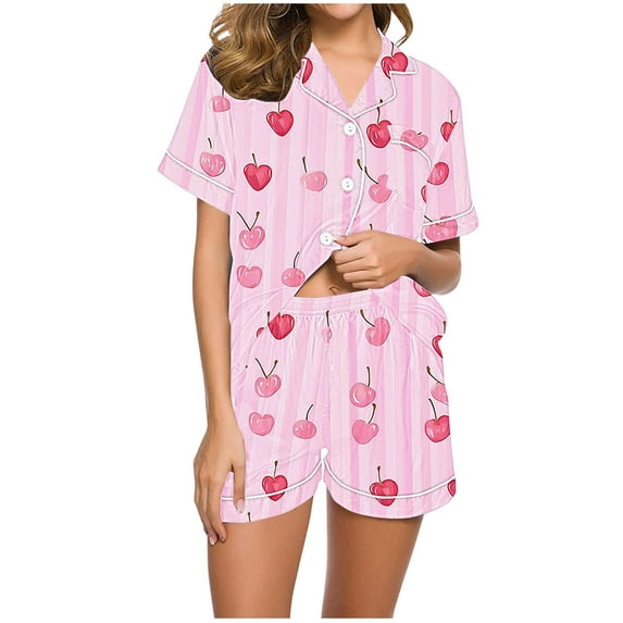 Women Valentines Day Pajamas Set Short Sleeve Button Shirt and Shorts Matching Sets 2 Piece Loungewear Women Pajama Sets