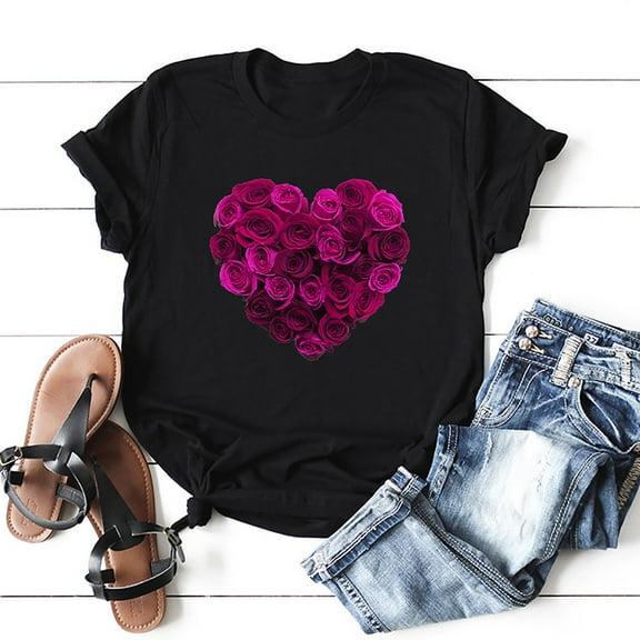 Women Valentines Day Rose Love Print Short Sleeve T-shirts Novelty Graphic Tops Black