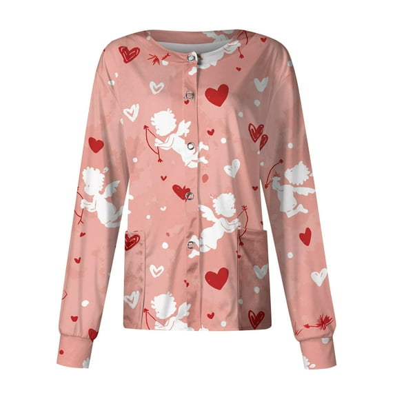 Women Valentines Day Scrub Jackets Plus Size Hoilday Long Sleeve Cute Valentine Love Printed Scrub Tops Loose Button Snap Front Scrubs Medical Nurse Uniform Nursing Workwear with Pockets Pink 2XL