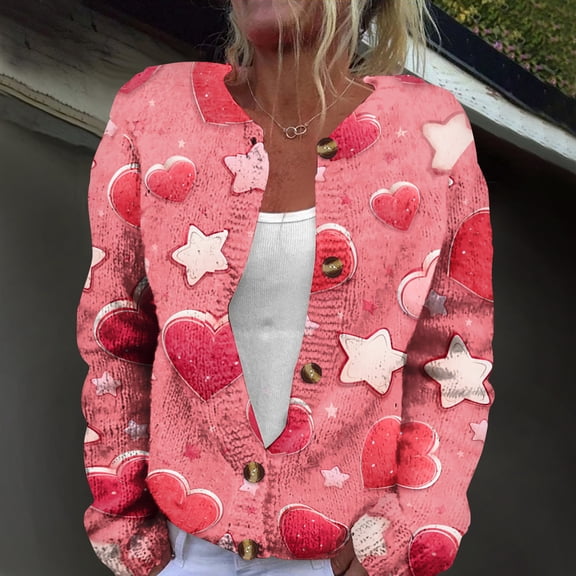 Women Valentines Day Sweater Cardigan Love Long Sleeve Heart Printed Y2k Button Down Knitted Shirt Top