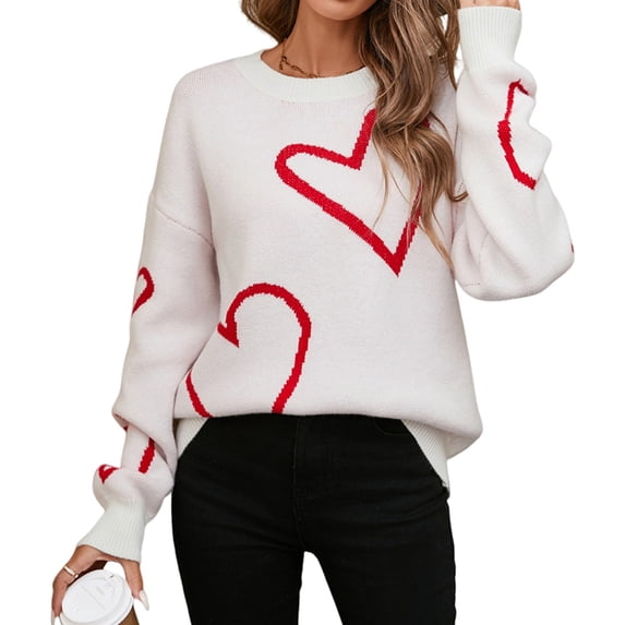 Women Valentines Day Sweater Long Sleeve Embroidery Heart Sweater Oversized Knitted Pullover Jumper Tops White L