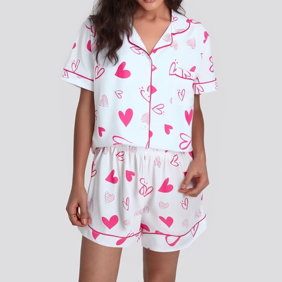 Women Valentines Pajama Sets Heart Print Short Sleeve Button Down Tops and Shorts 2 Piece Pjs Set Loungewear Pink M