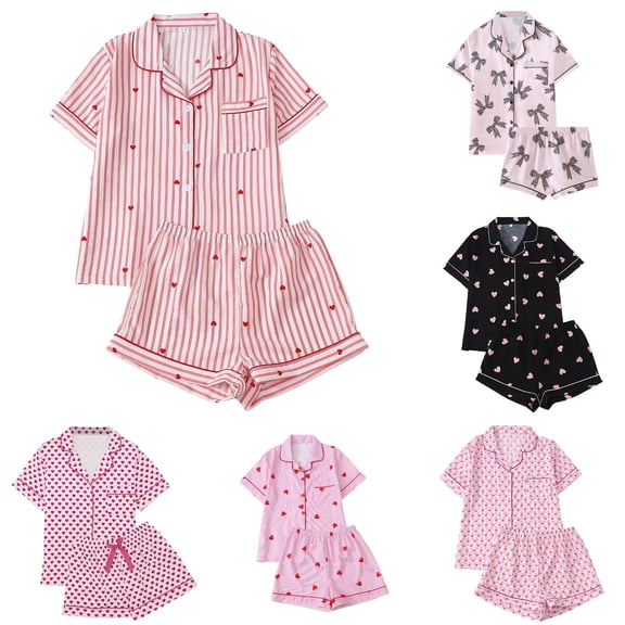 Women Valentines Pajamas 2 Piece Heart Print Long Sleeve Button Down Soft Sleepwear Red S