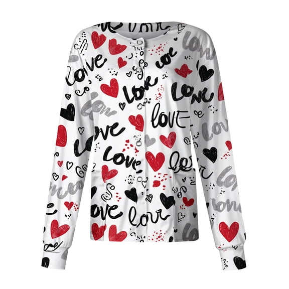 Women Valentines Scrub Jackets Plus Size Hoilday Long Sleeve Cute Love Heart Printed Scrub Tops Loose Button Snap Front Scrubs Nursing Uniform Medical Nurse Workwear with Pockets White 2XL