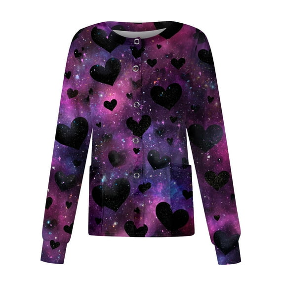 Women Valentines Scrub Jackets Plus Size Hoilday Long Sleeve Cute Love Hearts Graphic Scrubs Casual Snap Front Scrub Tops Nursing Uniform Medical Nurse Workwear with Pockets Dark Purple M