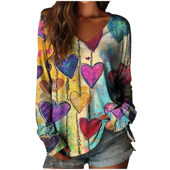 Women Valentines Shirt Colorful Dye Love Printed V-Neck Long Sleeves Retro Pullover Top Casual Loose Fashion Blouse