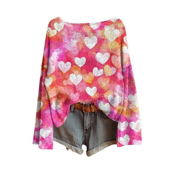 Women Valentines Sweaters Love Heart Print Cute Knit Ribbed Crew Neck Tops Fall Winter Soft Comfy Casual Pullover Shirts