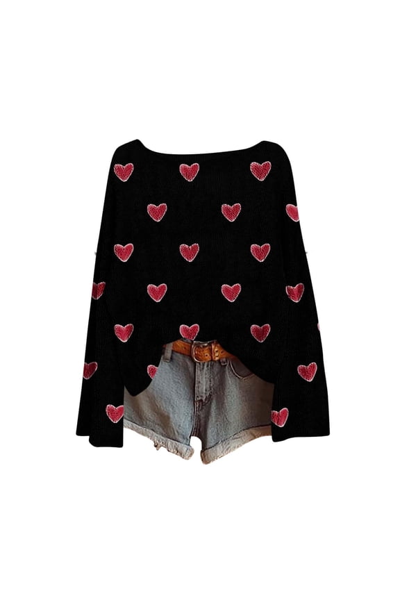 Women Valentines Sweaters Love Heart Print Cute Knit Ribbed Crew Neck Tops Fall Winter Soft Comfy Casual Pullover Shirts