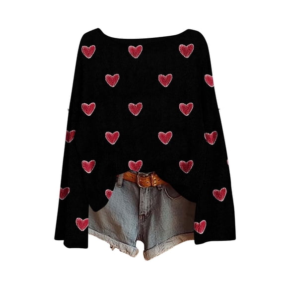 Women Valentines Sweaters Love Heart Print Cute Knit Ribbed Crew Neck Tops Fall Winter Soft Comfy Casual Pullover Shirts