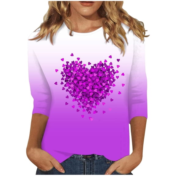 Women Valentins Heart Tops Casual 3/4 Sleeve Tshirts Gradient Blouses Plus Size Top Crewneck Tee