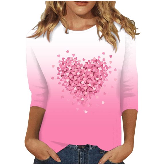 Women Valentins Heart Tops Casual 3/4 Sleeve Tshirts Gradient Blouses Plus Size Top Crewneck Tee