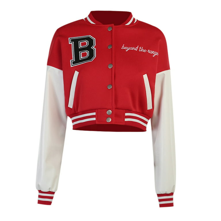 El Contente Women Varsity Jacket Cropped Baseball Jacket Bomber Coats Fashion Streetwear - Red, L