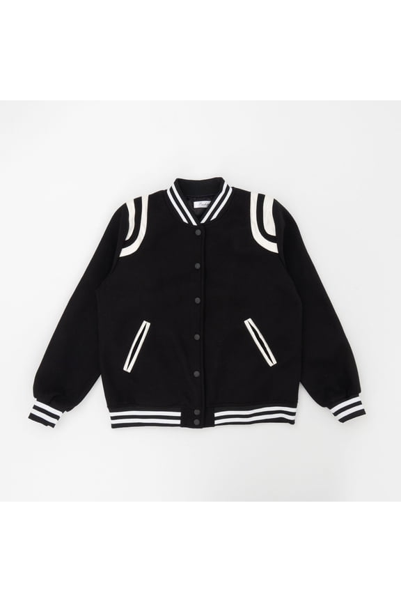 Women Varsity Jacket with leather shoulder embellishment Casual Comfort (Black, M)