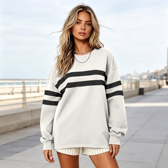 Women Varsity‑Style Striped Sweatshirt Oversized Long Sleeve Pullover Crew Neck Casual Fashion Tops