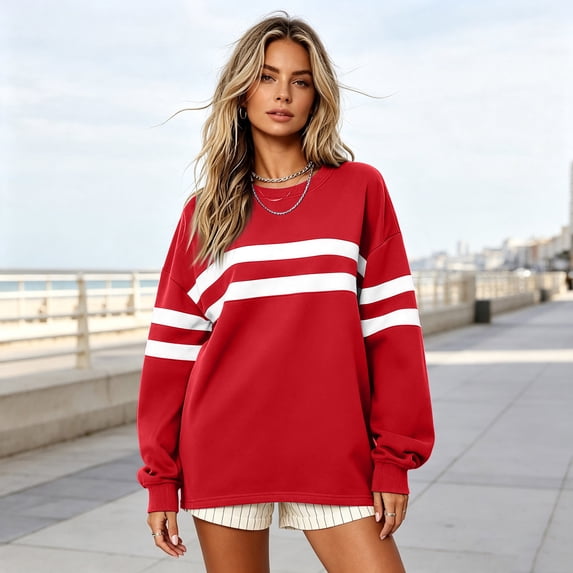 Women Varsity‑Style Striped Sweatshirt Oversized Long Sleeve Pullover Crew Neck Casual Fashion Tops