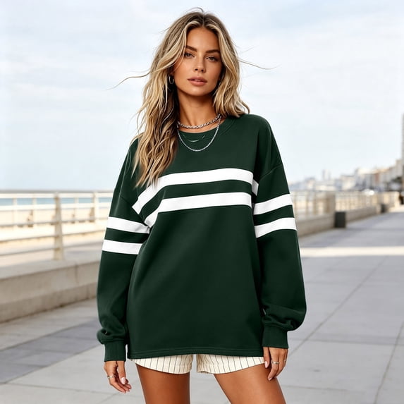 Women Varsity‑Style Striped Sweatshirt Oversized Long Sleeve Pullover Crew Neck Casual Fashion Tops