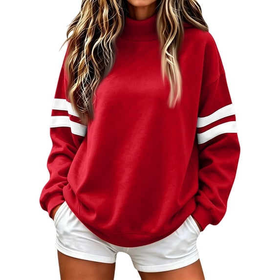Women Varsity Sweatshirt Long Sleeve Casual Oversized Pullover Striped Sleeve Loose Fit Athletic Top