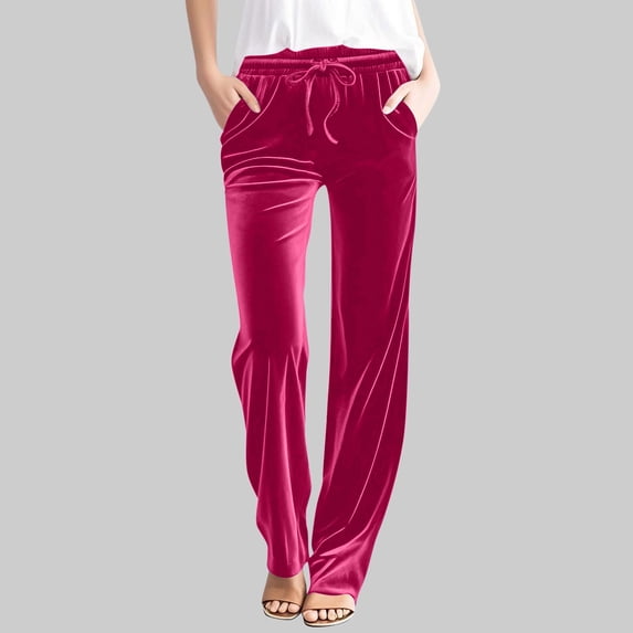 Women Velour Pants Elastic Waist Drawstring Soft Velvet Sweatpants Straight Leg Athletic Joggers with Pockets Hot Pink XL
