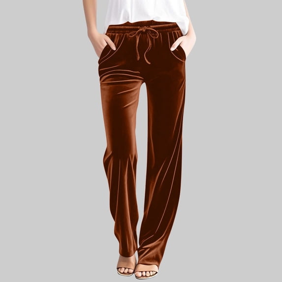 Women Velour Pants Elastic Waist Drawstring Soft Velvet Sweatpants Straight Leg Athletic Joggers with Pockets Khaki S