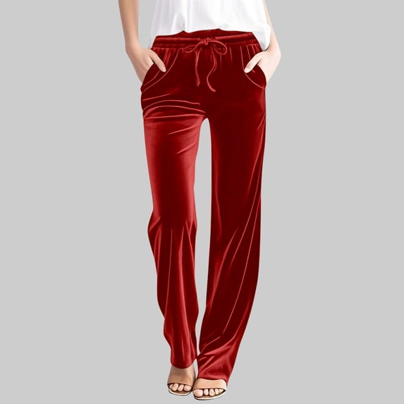 Women Velour Pants Elastic Waist Drawstring Soft Velvet Sweatpants Straight Leg Athletic Joggers with Pockets Red M