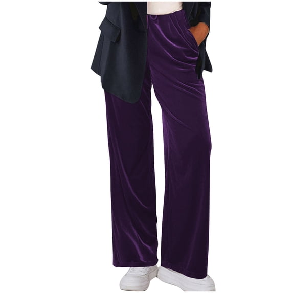Women Velour Pants High Elastic Waist Soft Velvet Sweatpants Straight Leg Casual Work Pants with Side Pockets