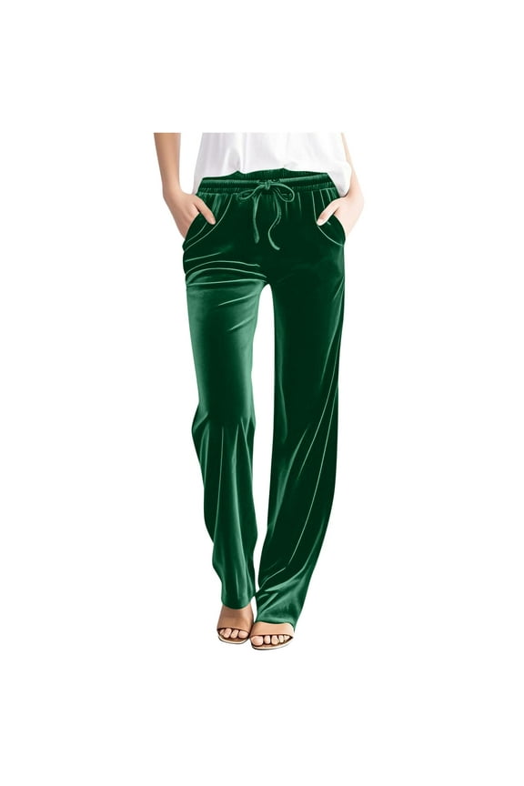 Women Velour Pants Soft Velvet Sweatpants Casual Lounge Pajama Pant High Waist Drawstring Elastic Waist Pants Straight Leg Athletic Trouser Pants with Pocket