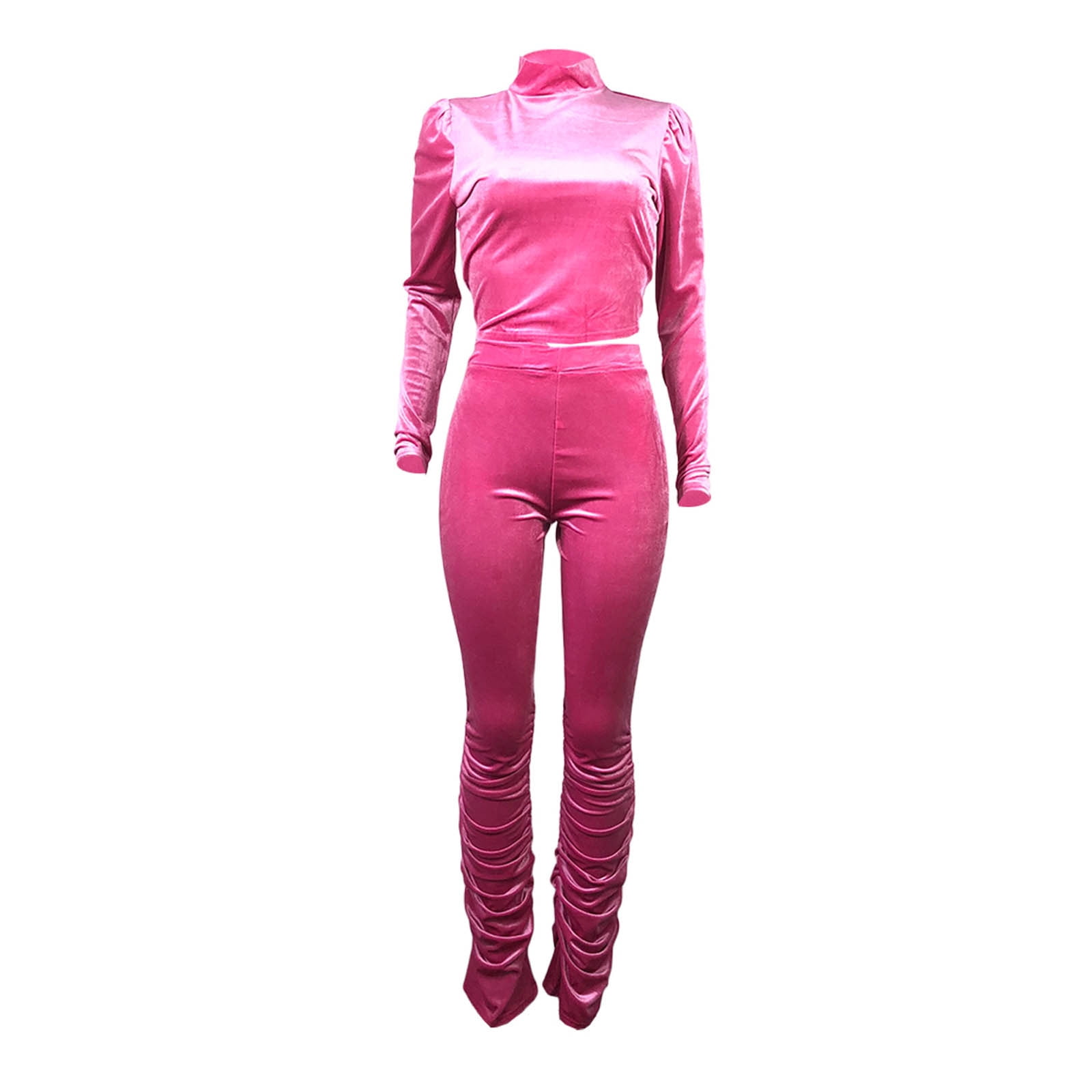 Women Velour Sweatsuit Sexy 2 Piece Outfit Long Sleeves Turtleneck Crop  Tops Stretch High Waist Stacked Bell Bottom Pants Velvet Tracksuit Set