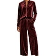 thumbnail image 1 of Women Velvet 2‑Piece Outfit Full Zip Stand Collar Jacket Drawstring Waist Wide Leg Pants Velour Loungewear Pant Suit Solid Color Fall Winter Tracksuit, 1 of 5
