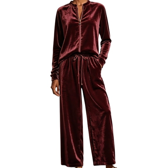 Women Velvet 2‑Piece Outfit Full Zip Stand Collar Jacket Drawstring Waist Wide Leg Pants Velour Loungewear Pant Suit Solid Color Fall Winter Tracksuit