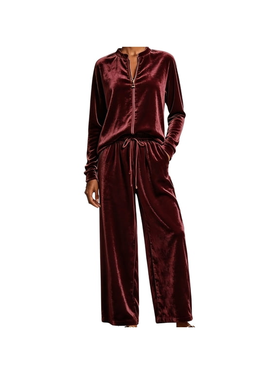 Women Velvet 2‑Piece Outfit Full Zip Stand Collar Jacket Drawstring Waist Wide Leg Pants Velour Loungewear Pant Suit Solid Color Fall Winter Tracksuit