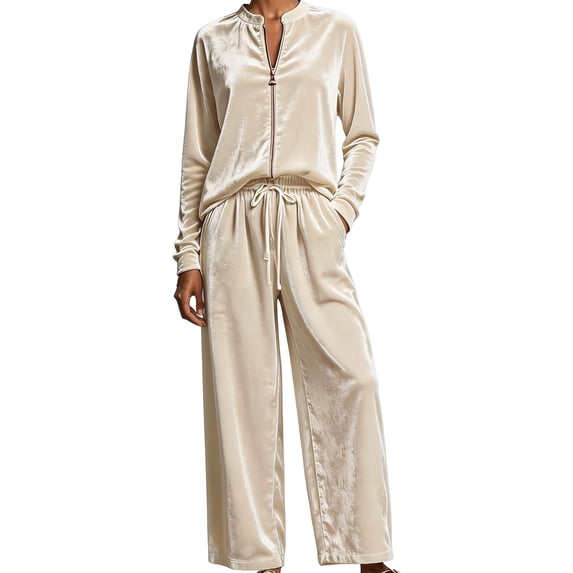 Women Velvet 2‑Piece Outfit Full Zip Stand Collar Jacket Drawstring Waist Wide Leg Pants Velour Loungewear Pant Suit Solid Color Fall Winter Tracksuit