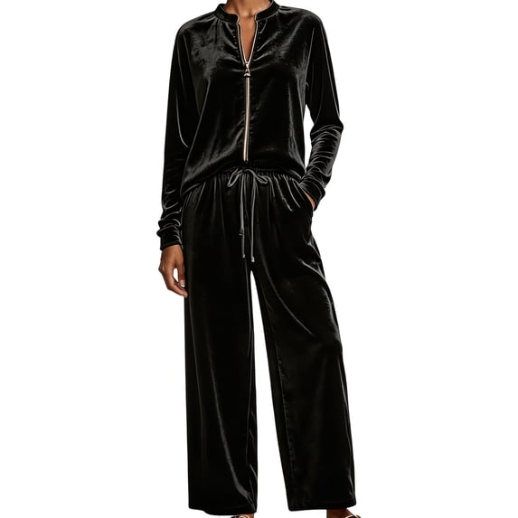 Women Velvet 2‑Piece Outfit Full Zip Stand Collar Jacket Drawstring Waist Wide Leg Pants Velour Loungewear Pant Suit Solid Color Fall Winter Tracksuit