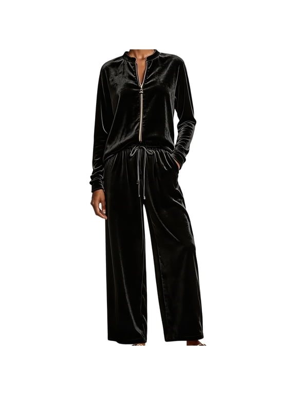 Women Velvet 2‑Piece Outfit Full Zip Stand Collar Jacket Drawstring Waist Wide Leg Pants Velour Loungewear Pant Suit Solid Color Fall Winter Tracksuit
