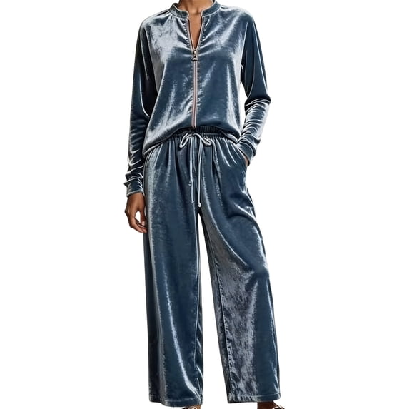 Women Velvet 2‑Piece Outfit Full Zip Stand Collar Jacket Drawstring Waist Wide Leg Pants Velour Loungewear Pant Suit Solid Color Fall Winter Tracksuit
