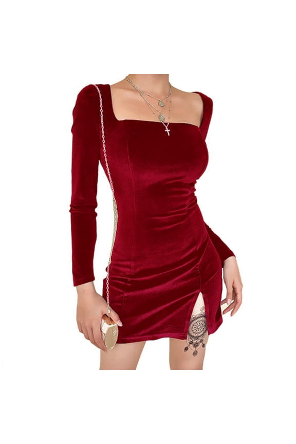 Women Velvet Bodycon Dress Long Sleeve Square Neckline Split Design Flannel Feece Cheongsam Retro Dresses