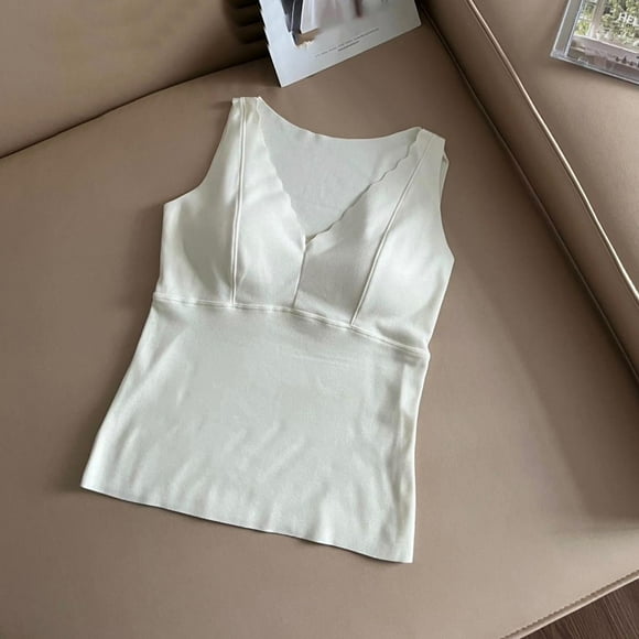 Women Velvet Brushed V Neck Seamless Tank Top with Chest Pad Warm Thermal Base Layer Soft Comfortable Winter Undershirt Womens Layering Essential