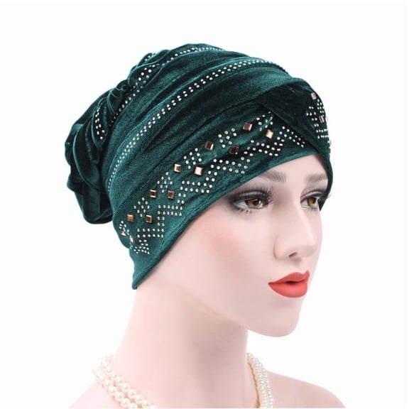 Women Velvet Crystal Beanie Hat Stretch Turban Cap Headwear Hair Wrap Headwrap
